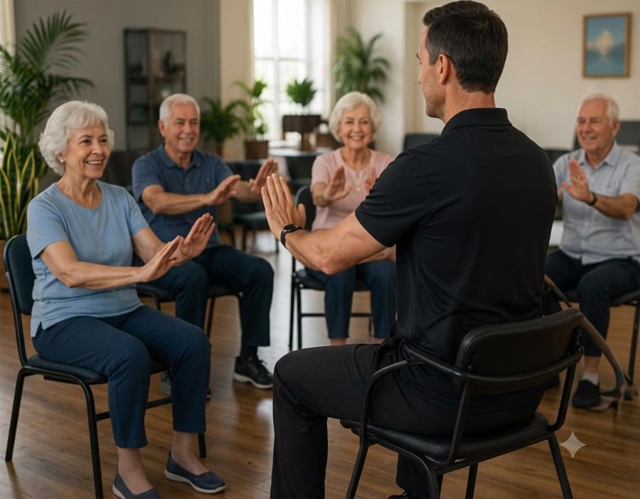 Older adults enjoying a seated exercise class
